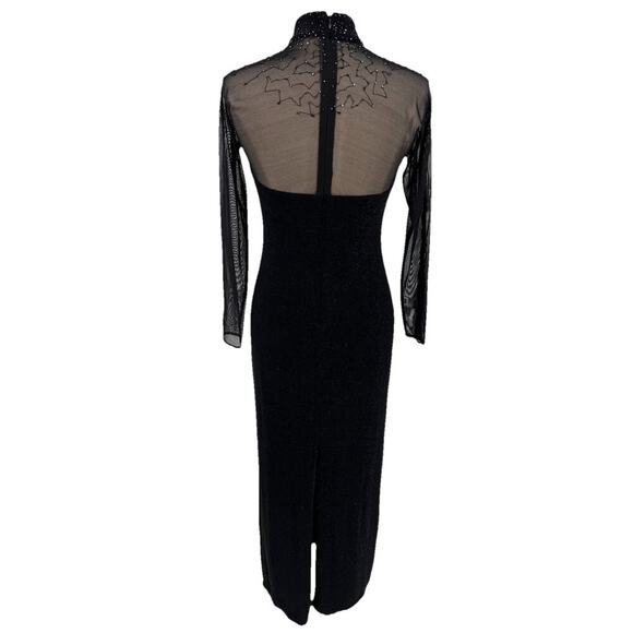 90s Vtg Black Sheer Sleeve Beaded Shimmer Fitted Maxi Dress Goth Whimsigoth 8 - Picture 9 of 15
